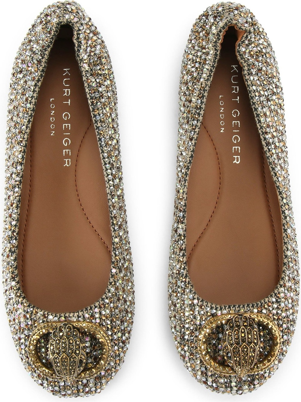 Kurt Geiger Gold Crystal Embellished Ballet Flats with Medallion